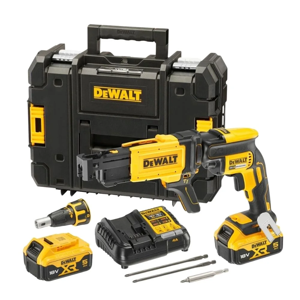 DeWALT DCF620P2K 18V Drywall Screwdriver, DCF6202 Collated Screw Gun Attachment 2 x 5Ah Batts And Charger