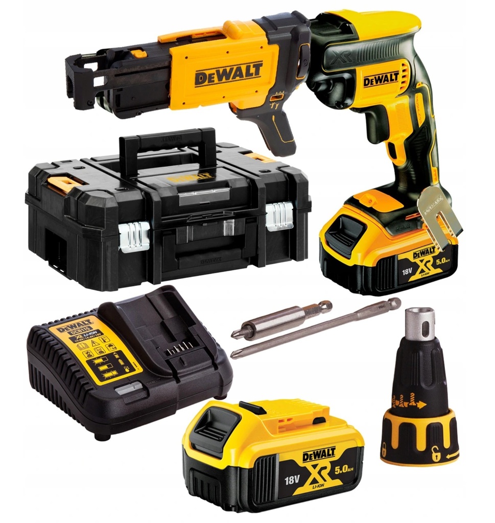 DeWALT DCF620P2K 18V Drywall Screwdriver, DCF6202 Collated Screw Gun Attachment 2 x 5Ah Batts And Charger