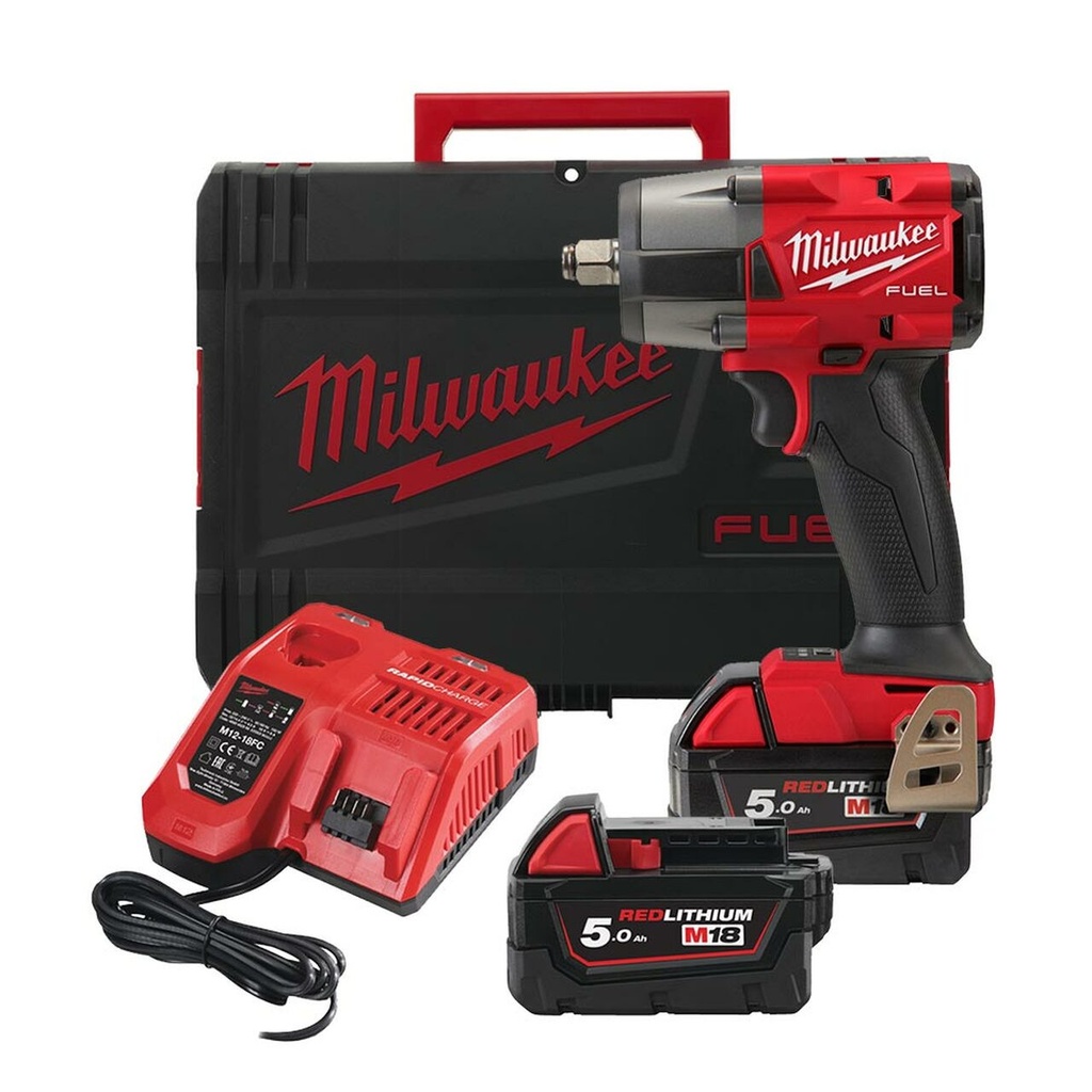 Milwaukee M18FMTIW2F12-502X 18V MidTorque 1/2In Friction Ring Impact Wrench Kit – 2 x 5Ah Batteries, Charger & Dynacase