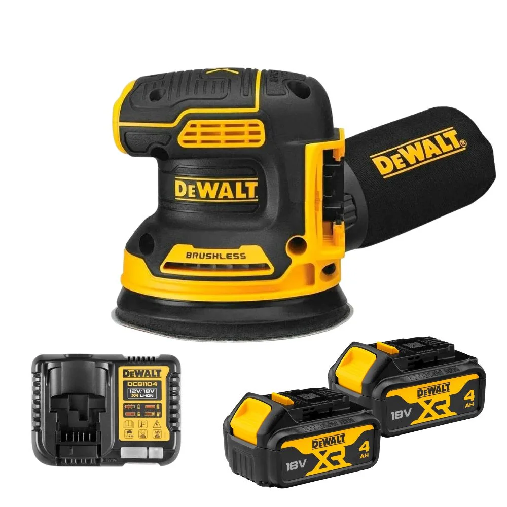 DeWALT DCW210N 18V Brushless 125mm Random Orbital Sander with 2 x 4.0Ah DCB182 Batteries & DCB1104 Charger