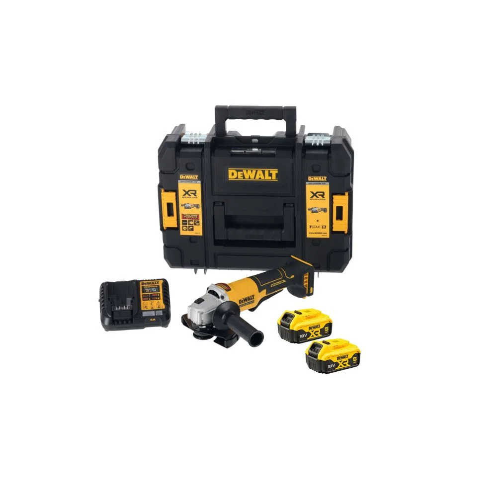 DeWALT DCG408P2T 18V XR Brushless 125mm Paddle Switch Angle Grinder – 2x 5Ah Batt, Charger & TSTAK II Case 
