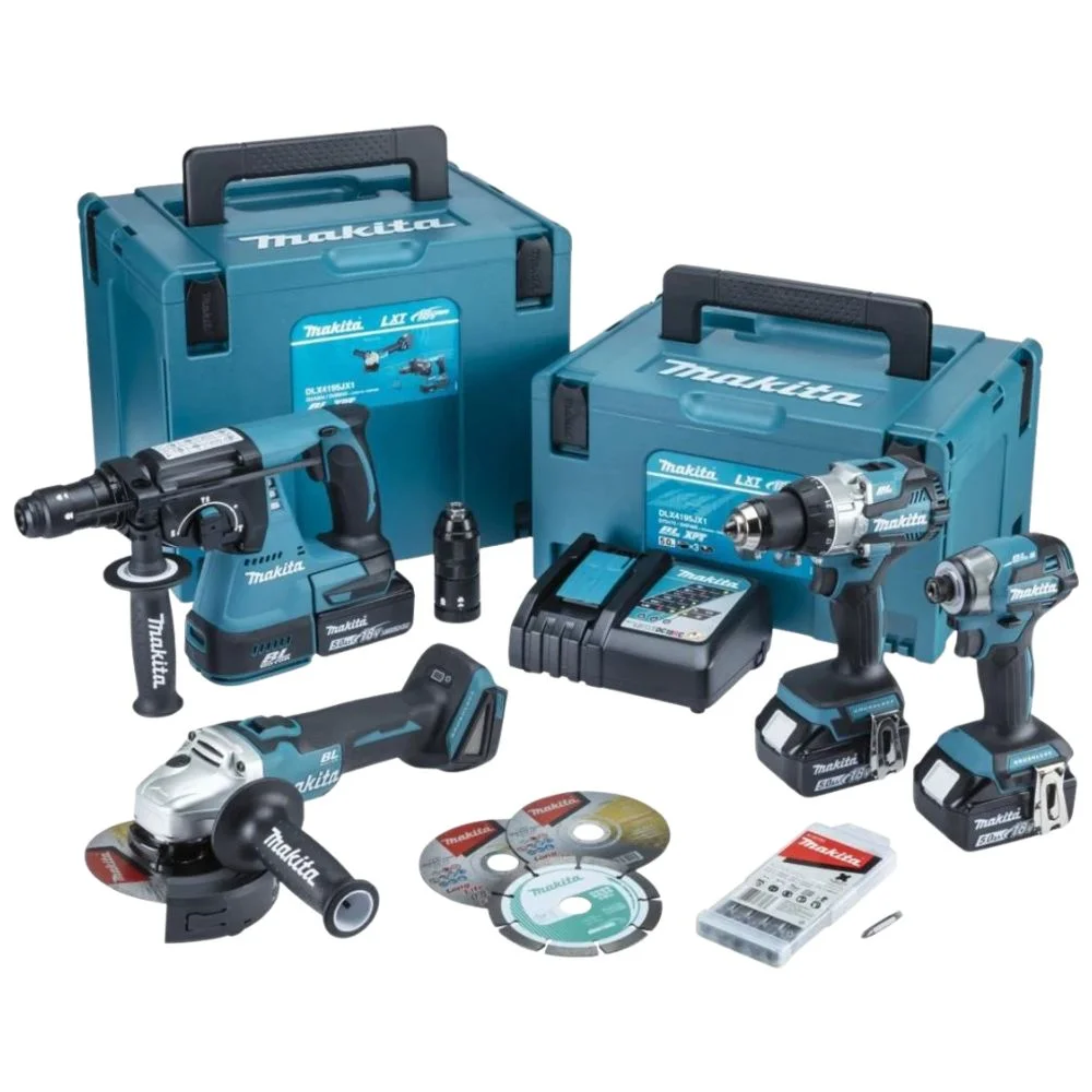 Makita DLX4195JX1 18V LXT Cordless 4 Piece Tool Kit with 3x5Ah Batteries, Charger & Cases