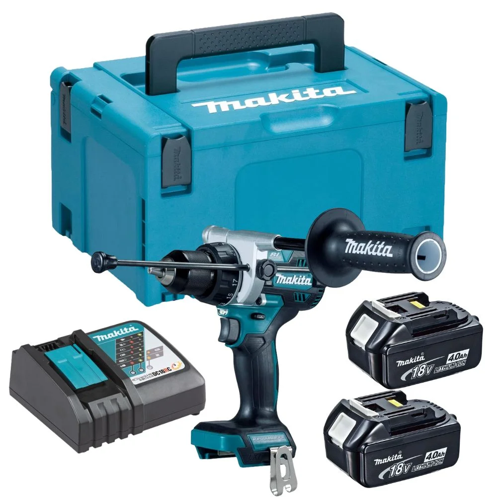 Makita DHP492RMJ 18V LXT Brushless Combi Drill With 2x4.0Ah Batteries,Charger & MAKPAC3 Case