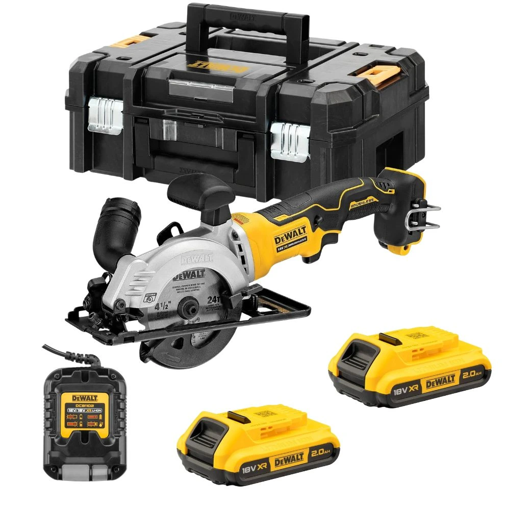 DeWALT DCS571D2 18V XR 115 mm Brushless Compact Circular Saw With 2x 2Ah Batteries, Charger & Case