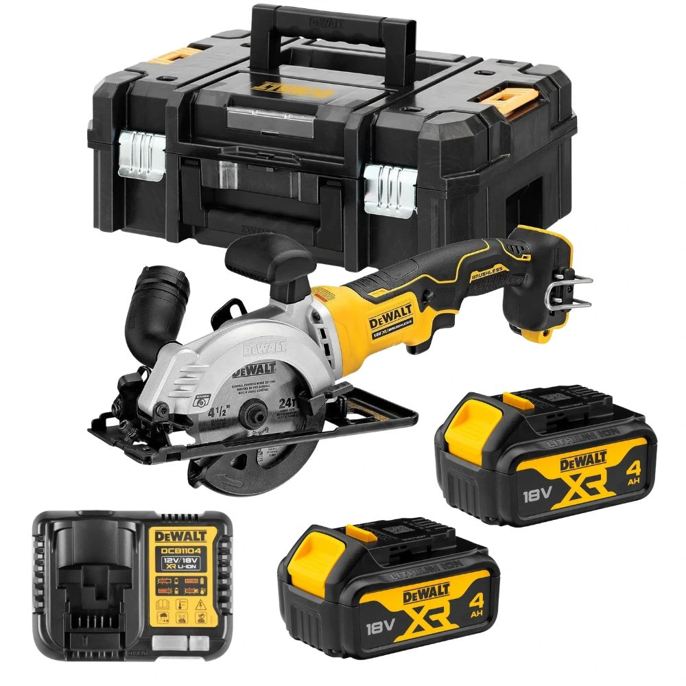 DeWALT DCS571M2 18V XR 115 mm Brushless Compact Circular Saw With 2x 4Ah Batteries, Charger & Case