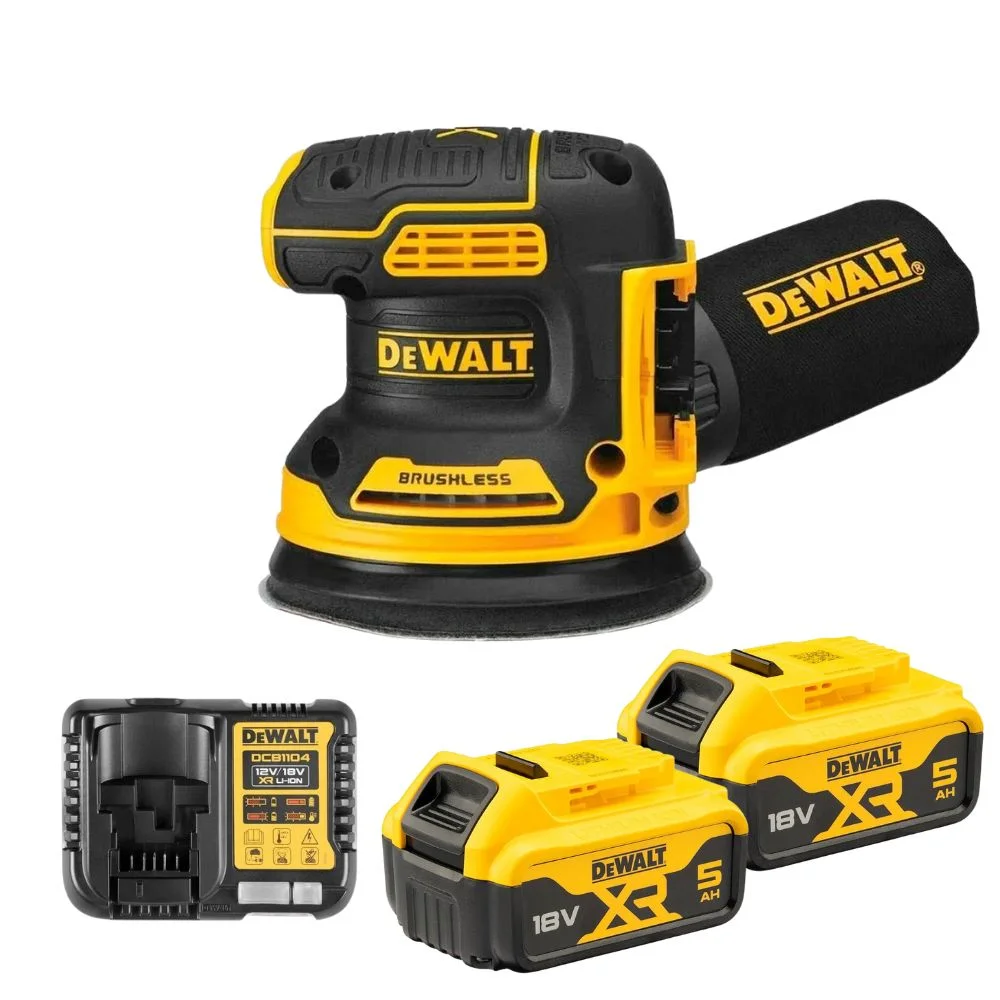 DeWALT DCW210N 18V Brushless 125mm Random Orbital Sander with 2 x 5.0Ah DCB184 Batteries & DCB1104 Charger 