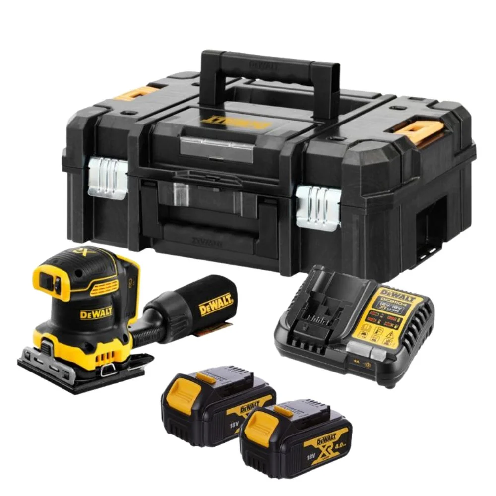 DeWALT DCW200M2 18V XR Brushless 1/4 Sheet Orbital Sander Kit – 2x 4Ah Batteries, Charger & Tstak II Case