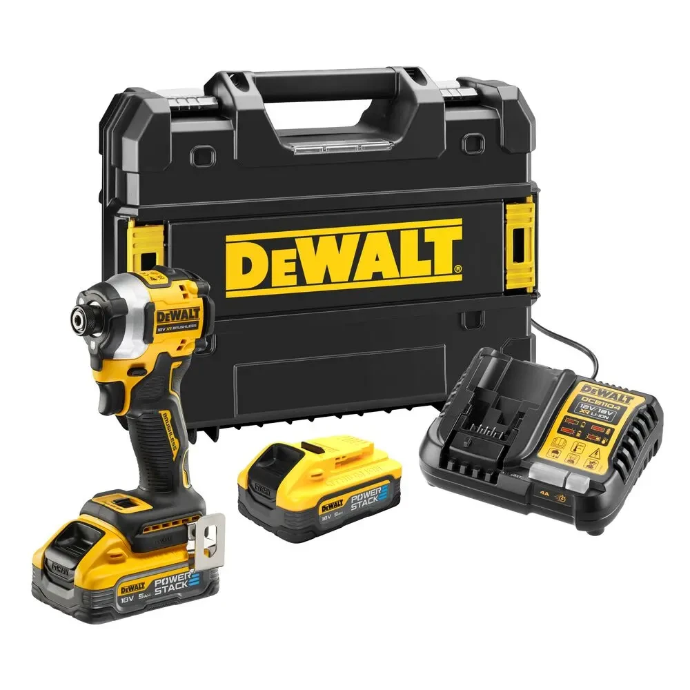 DeWALT DCF850H2T 18V XR Ultra Compact Brushless Impact Driver, 2 x 5Ah Powerstack Batteries, Charger & TSTAK Case