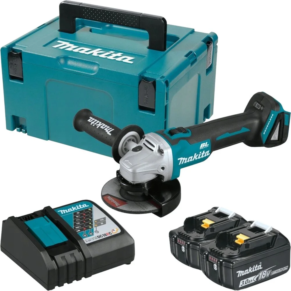 Makita DGA504RFJ Cordless 18V Brushless Slide Switch 125mm Angle Grinder With 2x3Ah Batteries, Charger And MAKPAC Carry Case