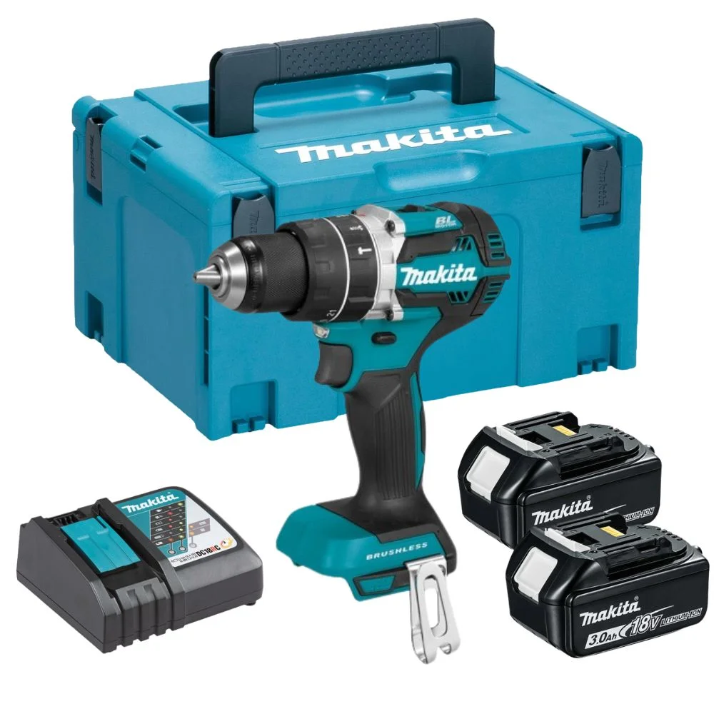 Makita DHP484RFJ 18V Brushless Combi Hammer Drill With 2x3Ah Batteries, Charger & MAKPAC3 Case