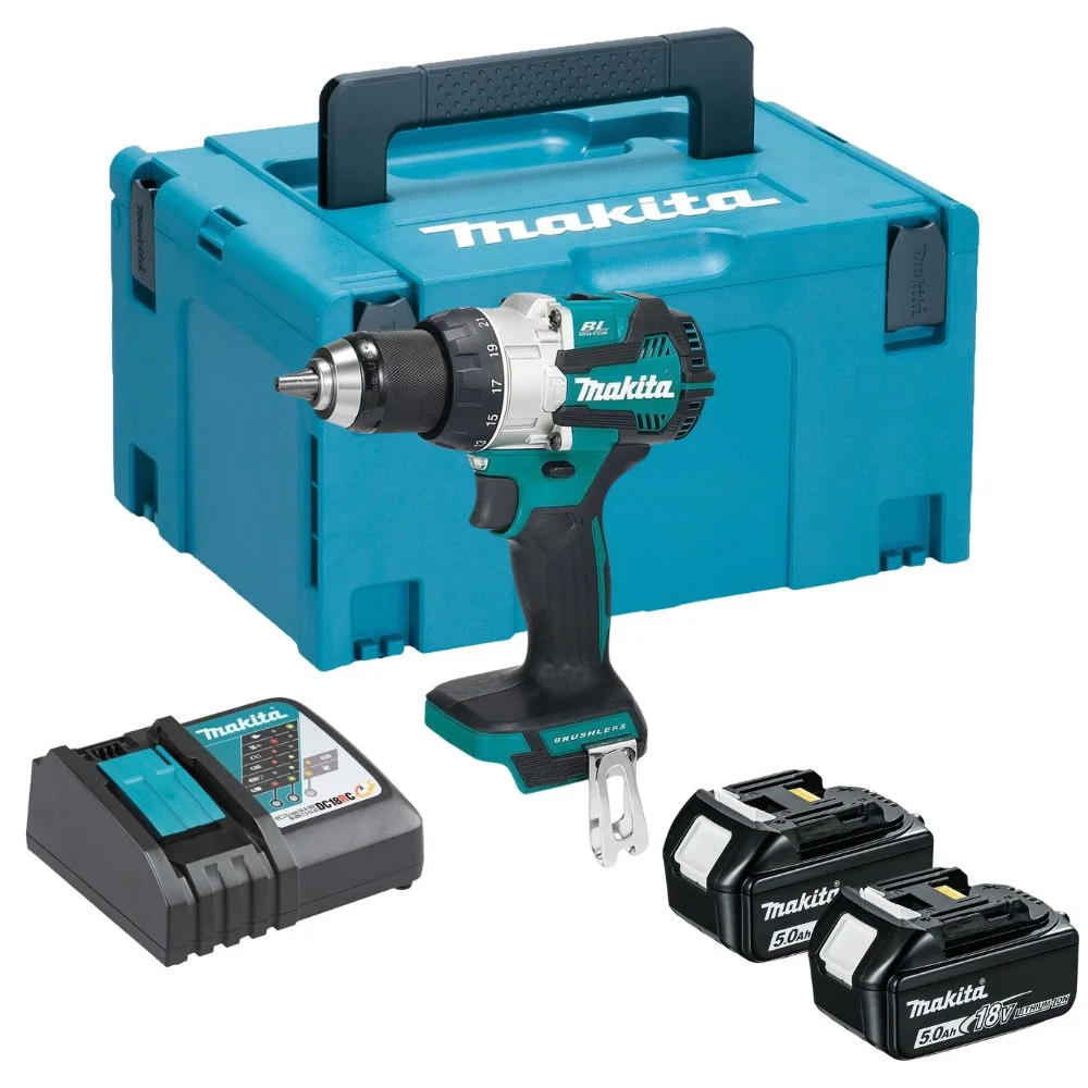 Makita DHP489RTJ 18V LXT Brushless Combi Drill Kit With 2x5Ah Batteries, Charger & Makpac 3 Case