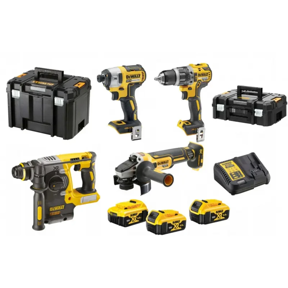 DeWALT DCK Combo 4pc SDS+ DCH273 Combi Drill DCD796 Impact Driver DCF887 125mm Angle Grinder DCG405 with 3x 5Ah DCB184