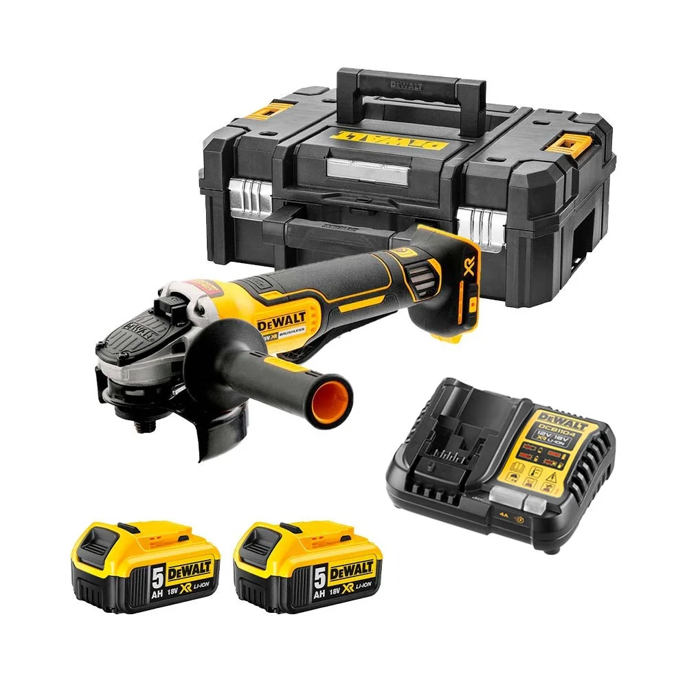 DeWALT DCG406P2 Cordless 18V XR 125mm Brushless Angle Grinder Paddle Switch With 2x5Ah Battery, Charger And TSTAK