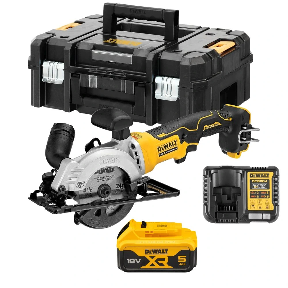 DeWALT DCS571P1 18V XR 115 mm Brushless Compact Circular Saw With 1x 5Ah Batteries, Charger & Case