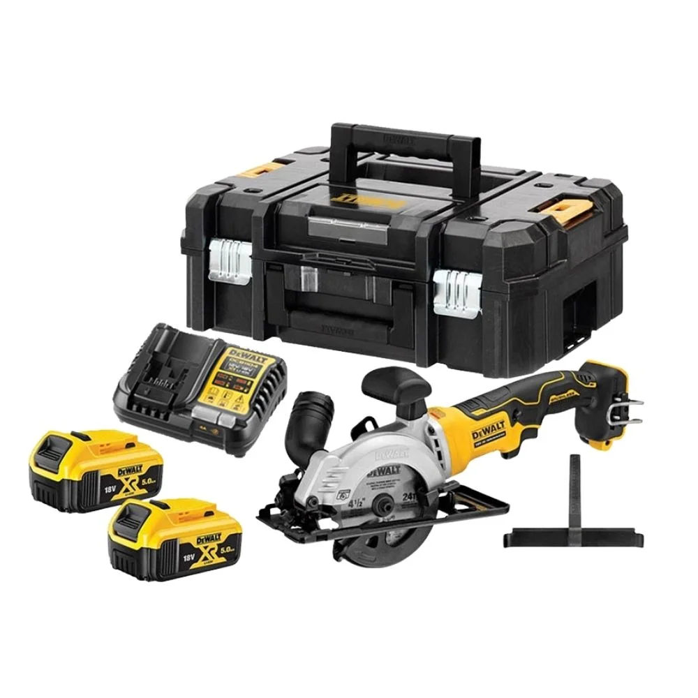 DeWALT DCS571P2 18V XR 115 mm Brushless Compact Circular Saw With 2x 5Ah Batteries, Charger & Case