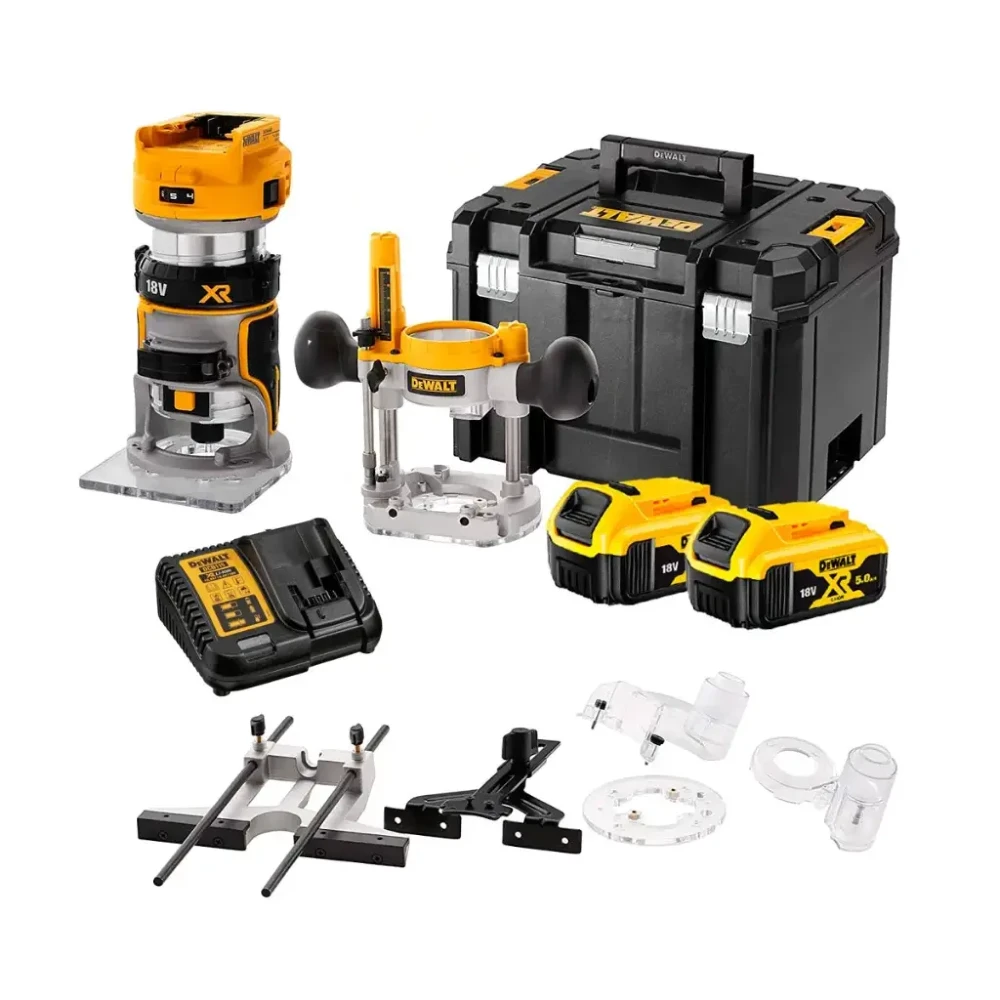DeWALT DCW604P2 Cordless 18V Brushless Router Trimmer Set with 2 x 5Ah Batteries, Charger And Case