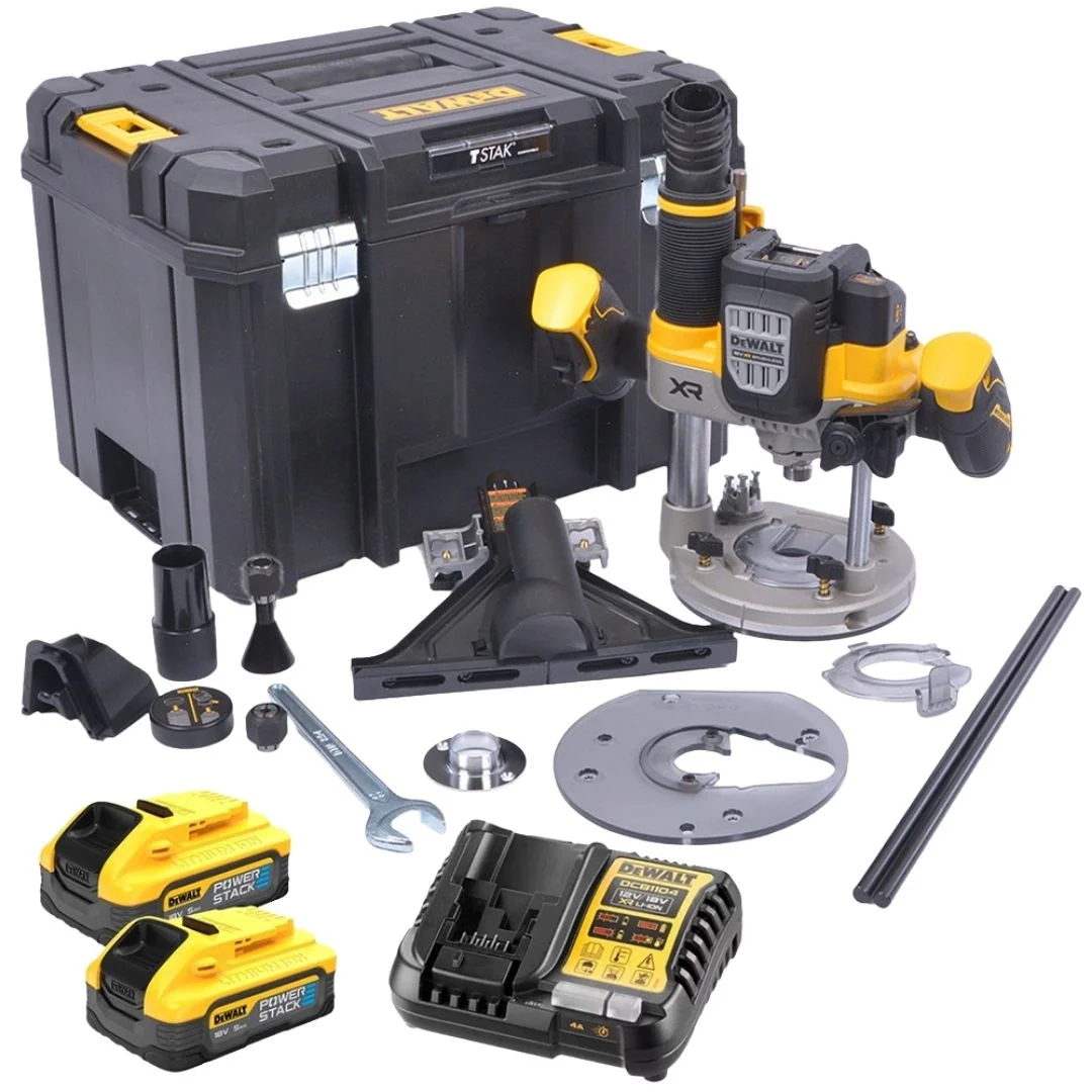 DeWALT DCW620H2 18V XR Brushless 1/2" 70mm Plunge Router Kit - 2x5.0Ah Powerstack Batteries, Charger & TSTAK VI Case