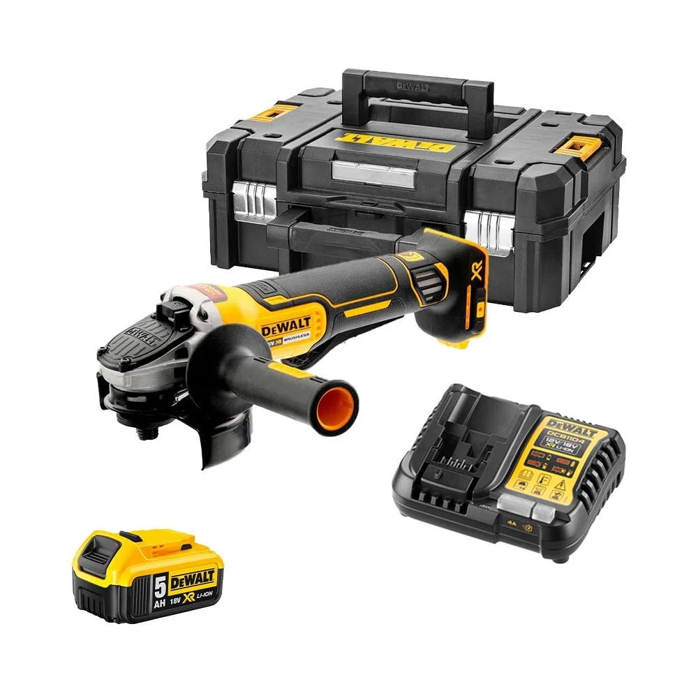 DeWALT DCG406P1 Cordless 18V XR 125mm Brushless Angle Grinder Paddle Switch With 1x 5Ah Battery, Charger And TSTAK