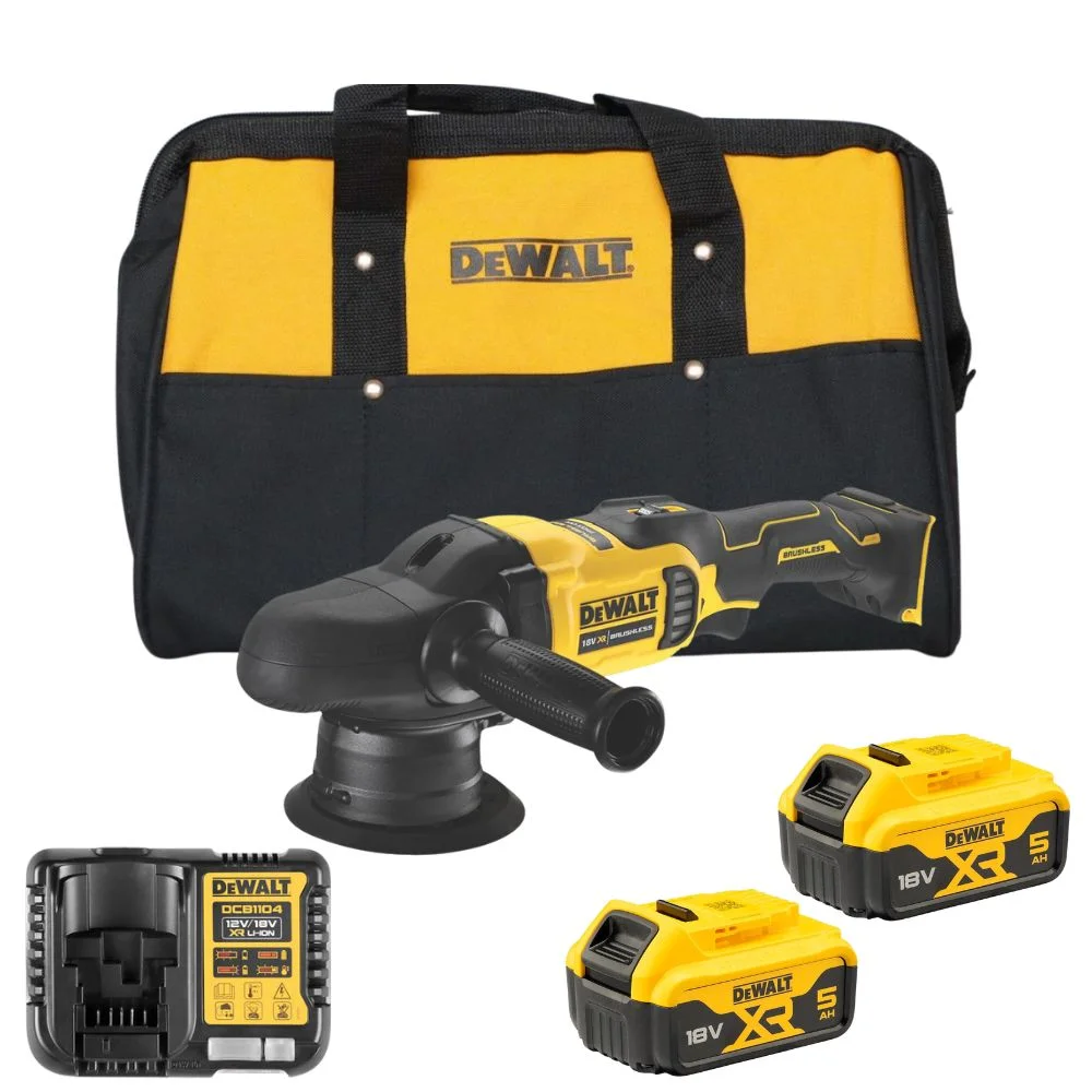 DeWALT DCM848P2 18V Brushless 125mm Dual Action Polisher with 2x5.0Ah Batteries & Charger in Bag