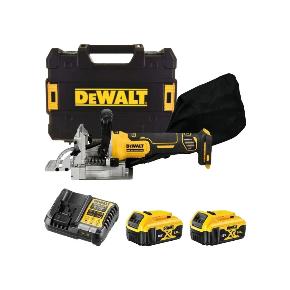 DeWALT DCW682P2 18V XR Brushless Biscuit Jointer – 2 x 5Ah Batteries, Charger & TSTAK Case