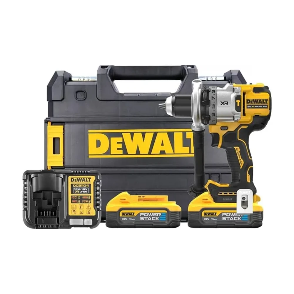 DeWALT DCD1007H2T 18V Cordless Brushless Combi Drill with 2 x 5.0Ah Powerstack Batteries, Charger & Case