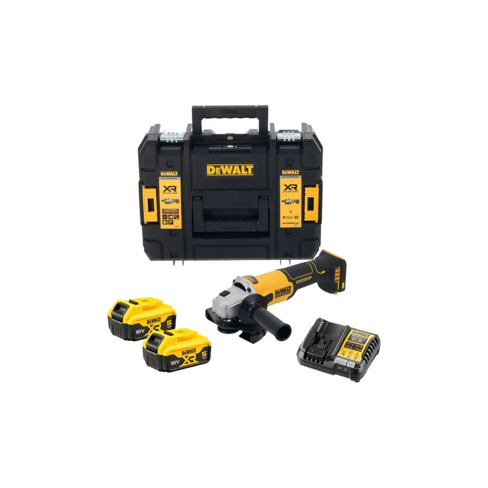 DeWALT DCG407P2T 18V XR Brushless 125mm Angle Grinder – 2x 5Ah Batt, Charger & TSTAK II Case 