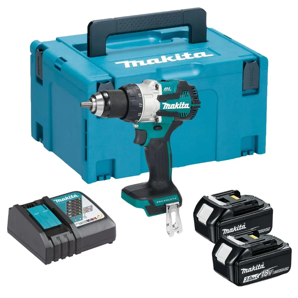 Makita DHP489RFJ 18V LXT Brushless 2-Speed Combi Drill With 2x3.0Ah Batteries,Charger & MAKPAC3 Case