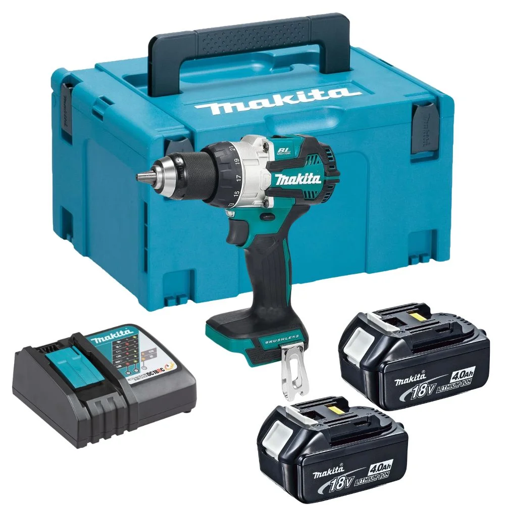 Makita DHP489RMJ 18V LXT Brushless 2-Speed Combi Drill With 2x4.0Ah Batteries,Charger & MAKPAC3 Case