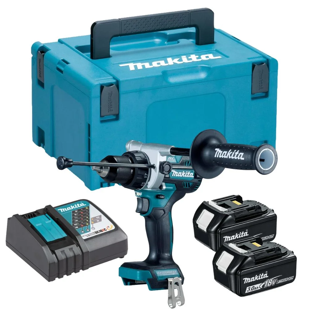 Makita DHP492RFJ 18V LXT Brushless Combi Drill With 2x3.0Ah Batteries,Charger & MAKPAC3 Case