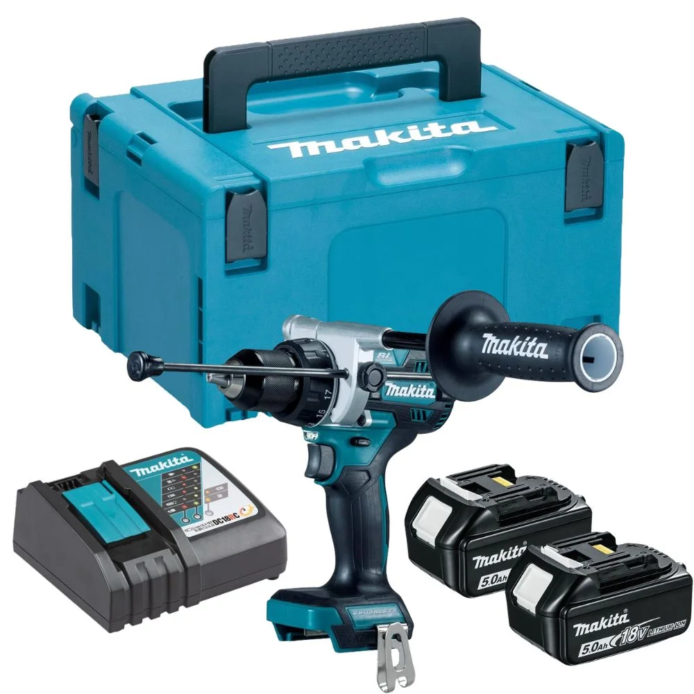 Makita DHP492RTJ 18V LXT Brushless Combi Drill With 2x5.0Ah Batteries,Charger & MAKPAC3 Case