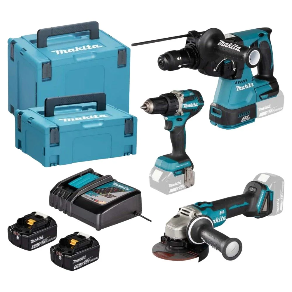 Makita DLX3195JX1 18V Combo Kit LXT, DDF484, DGA504, DHR243, Charger, 2x 5.0 Ah Batteries, MAKPAC3 & MAKPAC4 Case