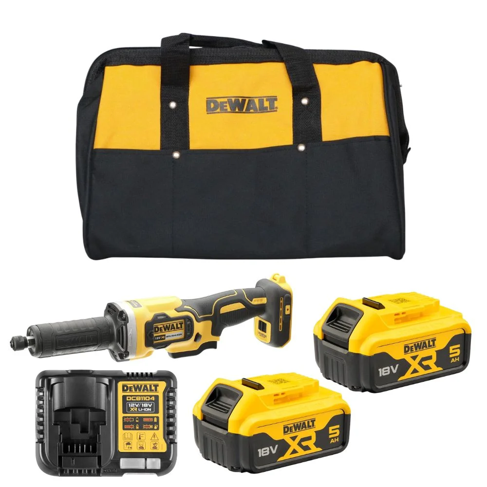 DeWALT DCG426P2 18V XR Brushless Die Grinder Kit – 2 x 5Ah Batteries, Charger & Bag