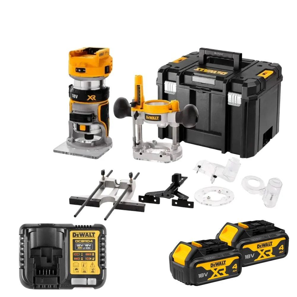 DeWALT DCW604M2 18V Router Trimmer Set with 2 x 4Ah Batteries, Charger & Tstak VI Case