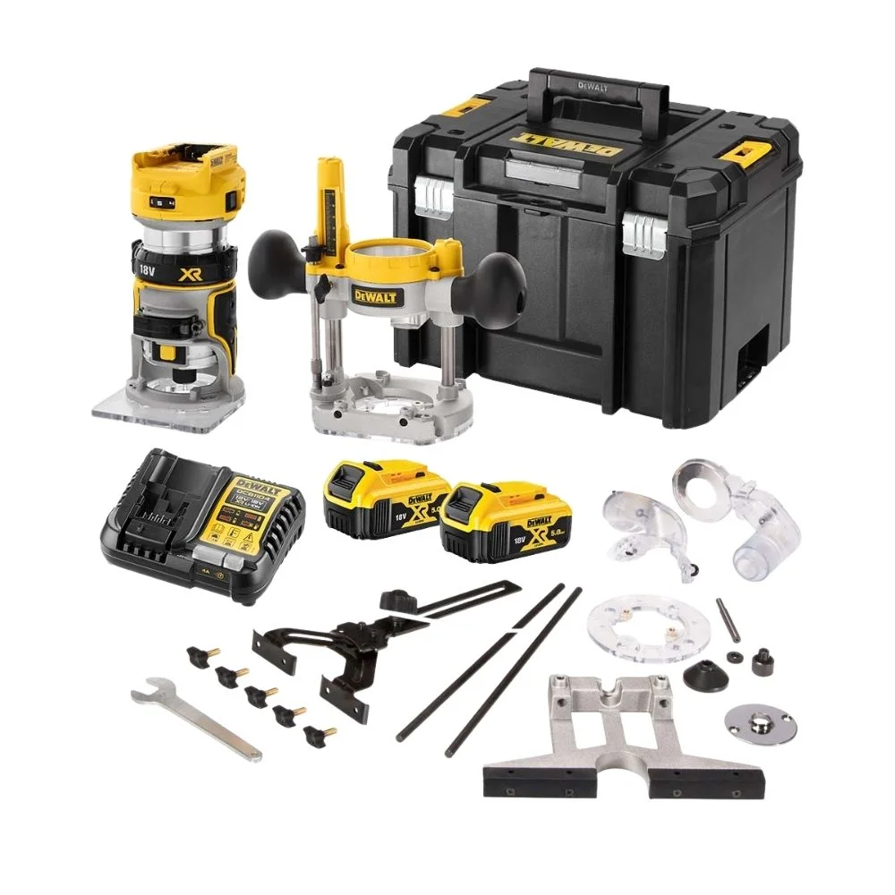 DeWALT DCW604P2 Cordless 18V Brushless Router Trimmer Set with 2 x 5Ah Batteries, Charger And Case