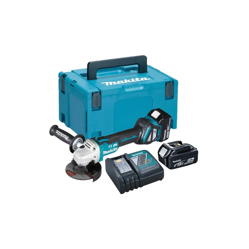 Makita DGA513RTJ 18V Cordless Brushless 125mm Angle Grinder With 2x5Ah Batteries, Charger And MAKPAC Case