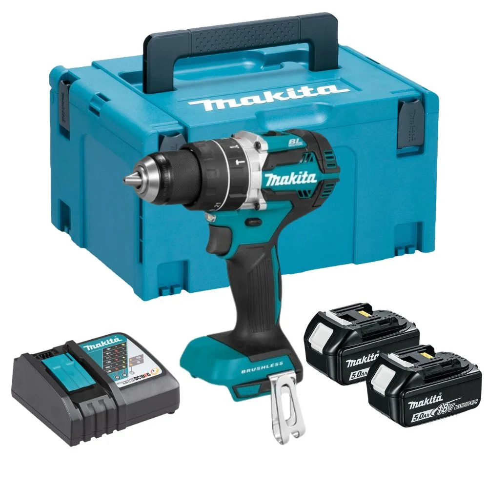 Makita DHP484RTJ 18V Li-ion Brushless Combi Hammer Drill with 2x5Ah Batteries,Charger & MAKPAC3 Case